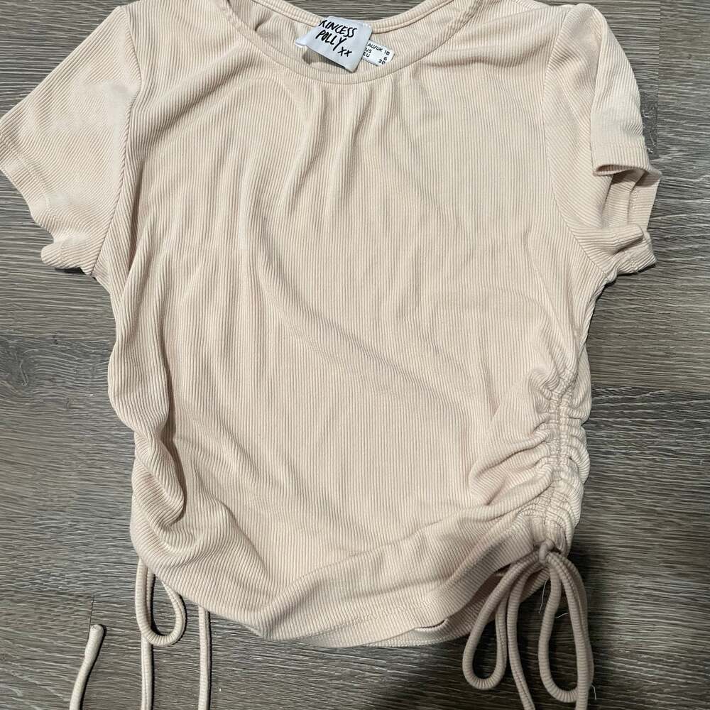 Princess Polly Cream Ruched Tie Front Short Sleeve T-Shirt Size 6/Small
